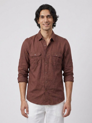 Men’s Linen Cotton Regular Fit Shirt Two Flap Pockets Brown
