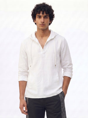 Men’s Linen Cotton Regular Fit Shirt Hooded White