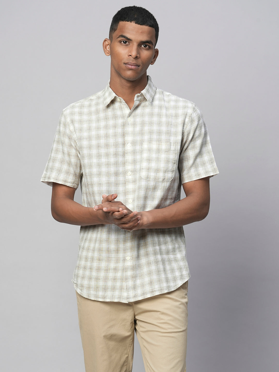 Men's Khaki Linen Cotton Regular Fit Checked Shirt