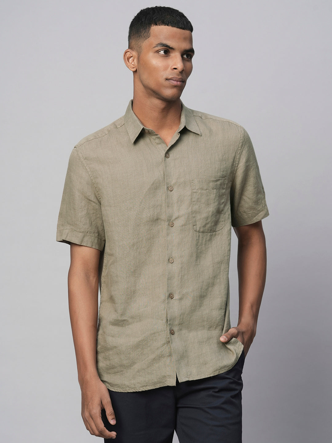 Men's Brown 100% Linen Regular Fit Short Sleeved Shirt