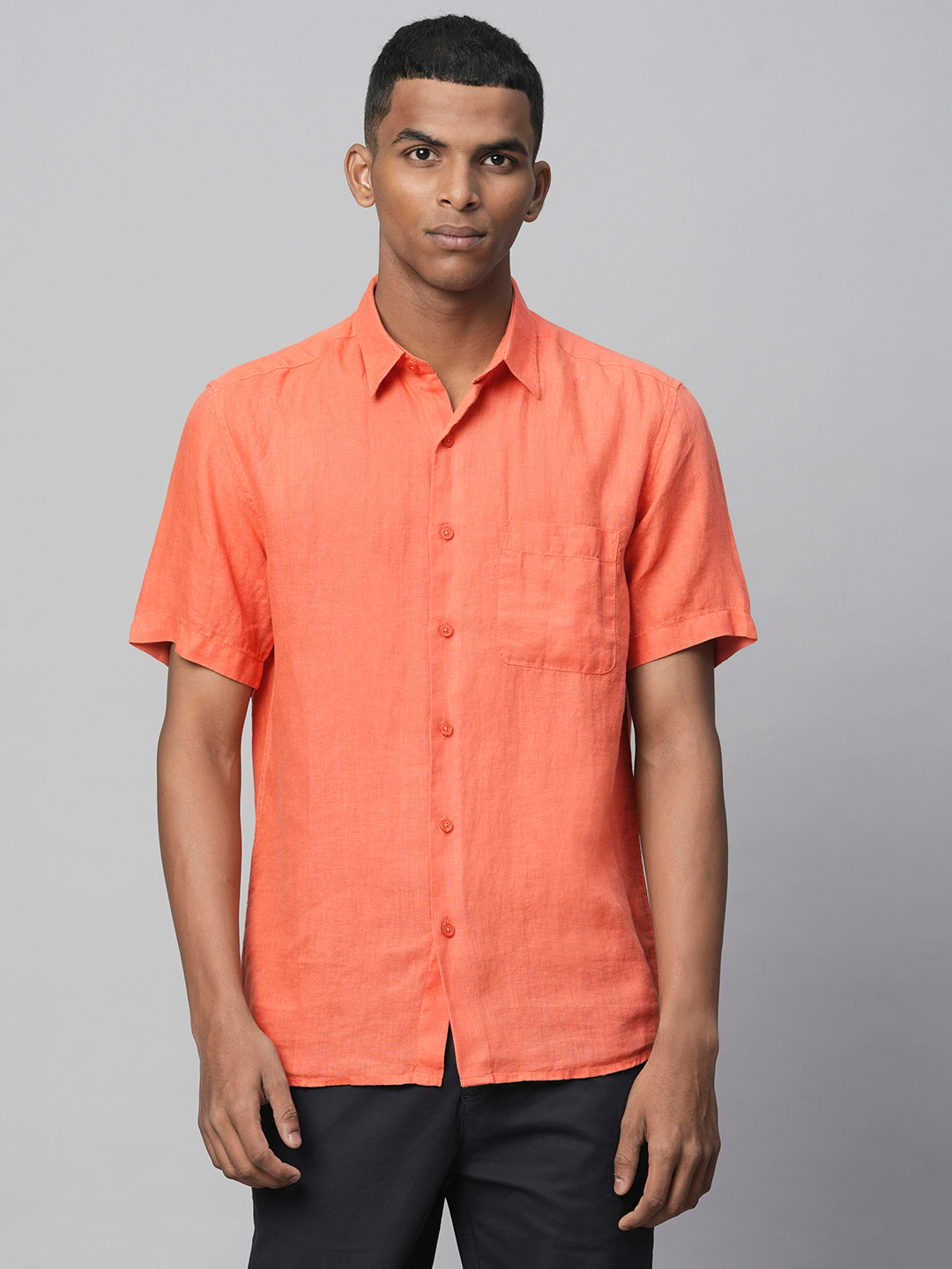Men's Orange 100% Linen Regular Fit Short Sleeved Shirt