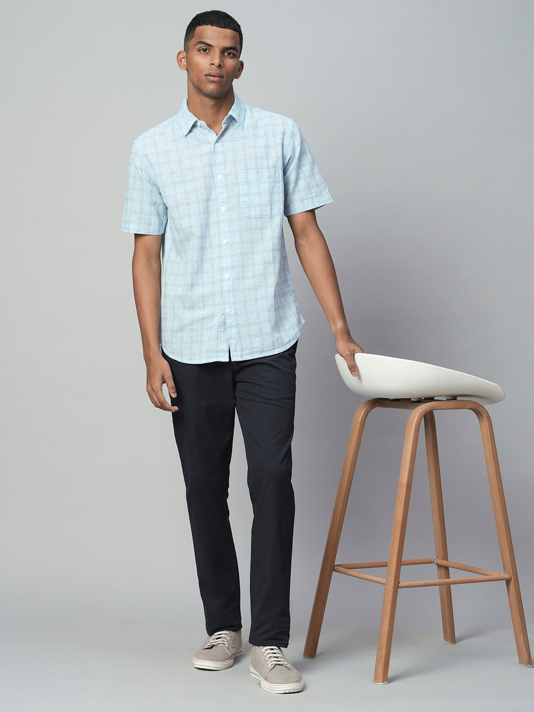 Men's Blue Linen Cotton Regular Fit Checked Shirt