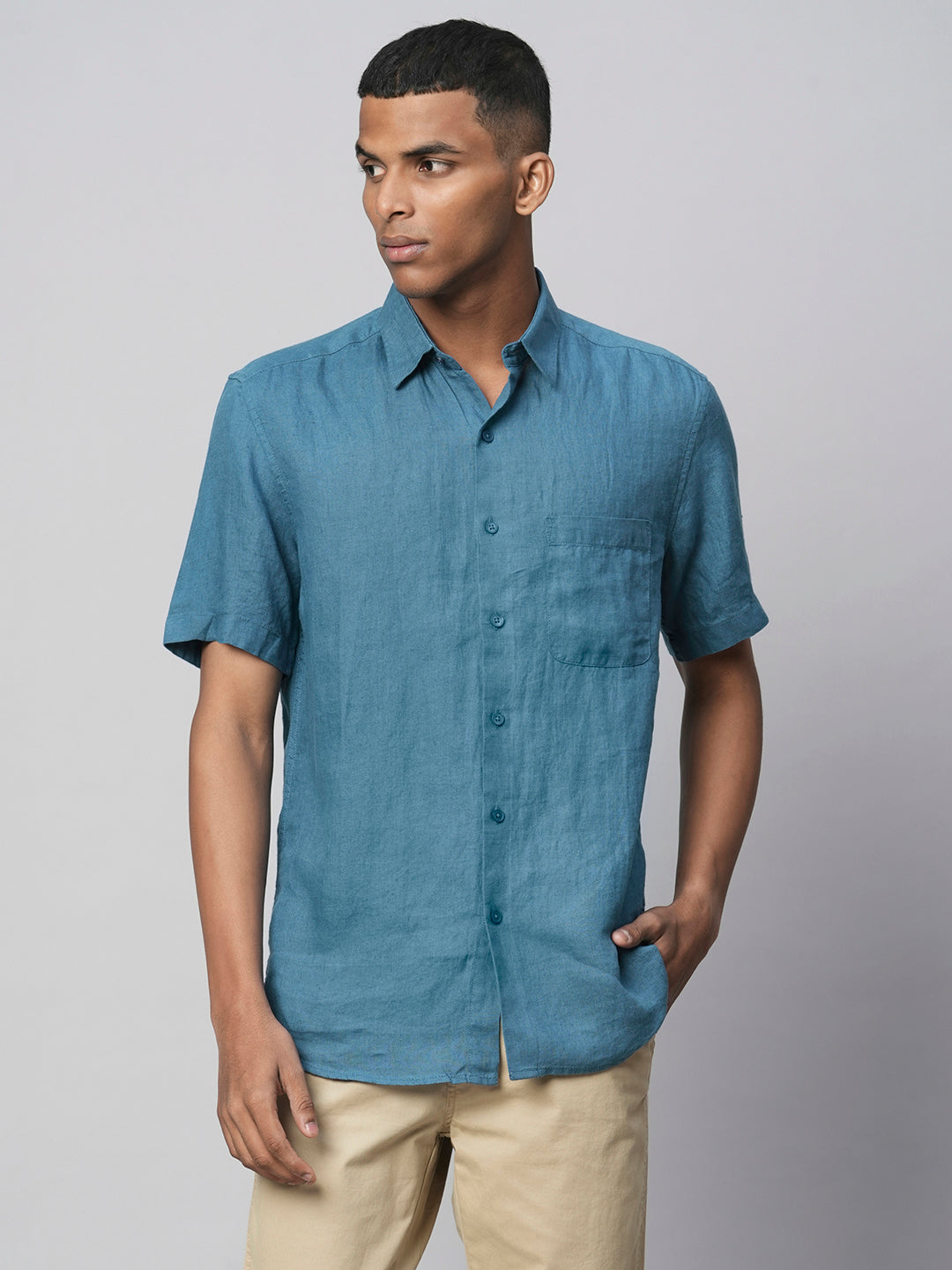 Men's Teal 100% Linen Regular Fit Short Sleeved Shirt