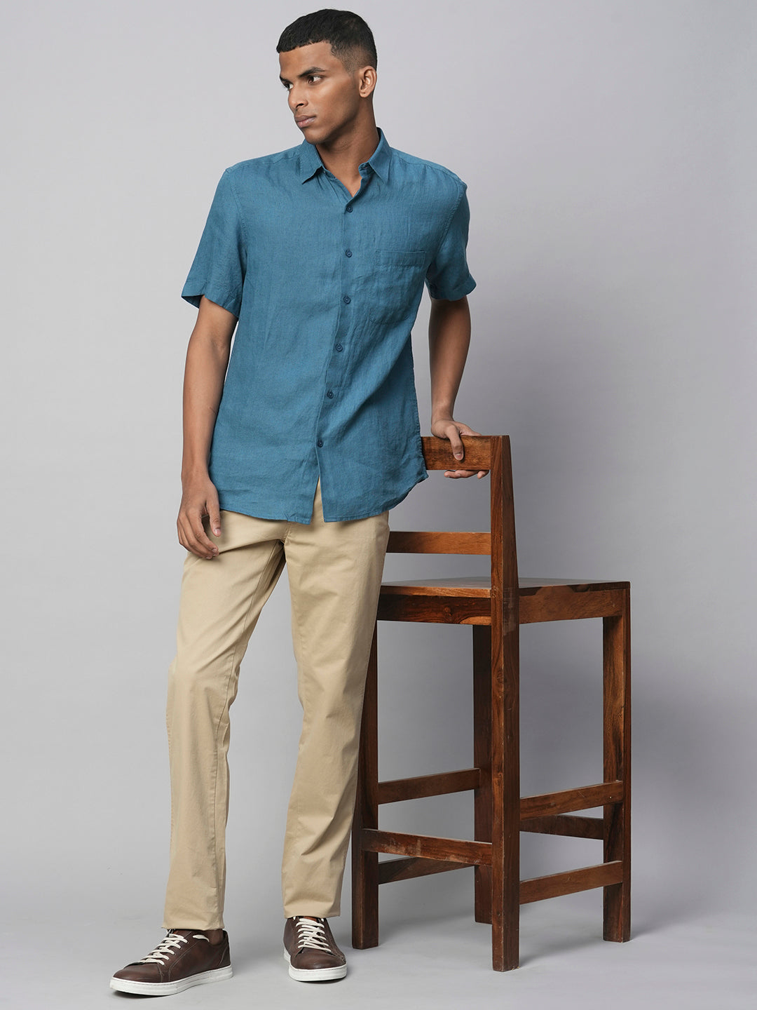 Men's Teal 100% Linen Regular Fit Short Sleeved Shirt
