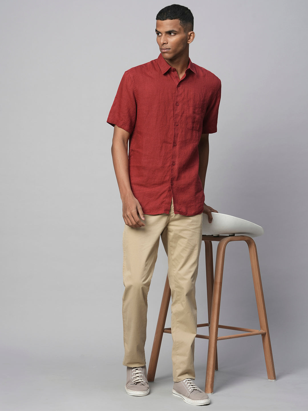 Men's Red 100% Linen Regular Fit Shirt