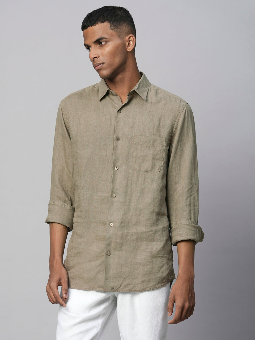 Men's Brown 100% Linen Regular Fit Long Sleeved Shirt