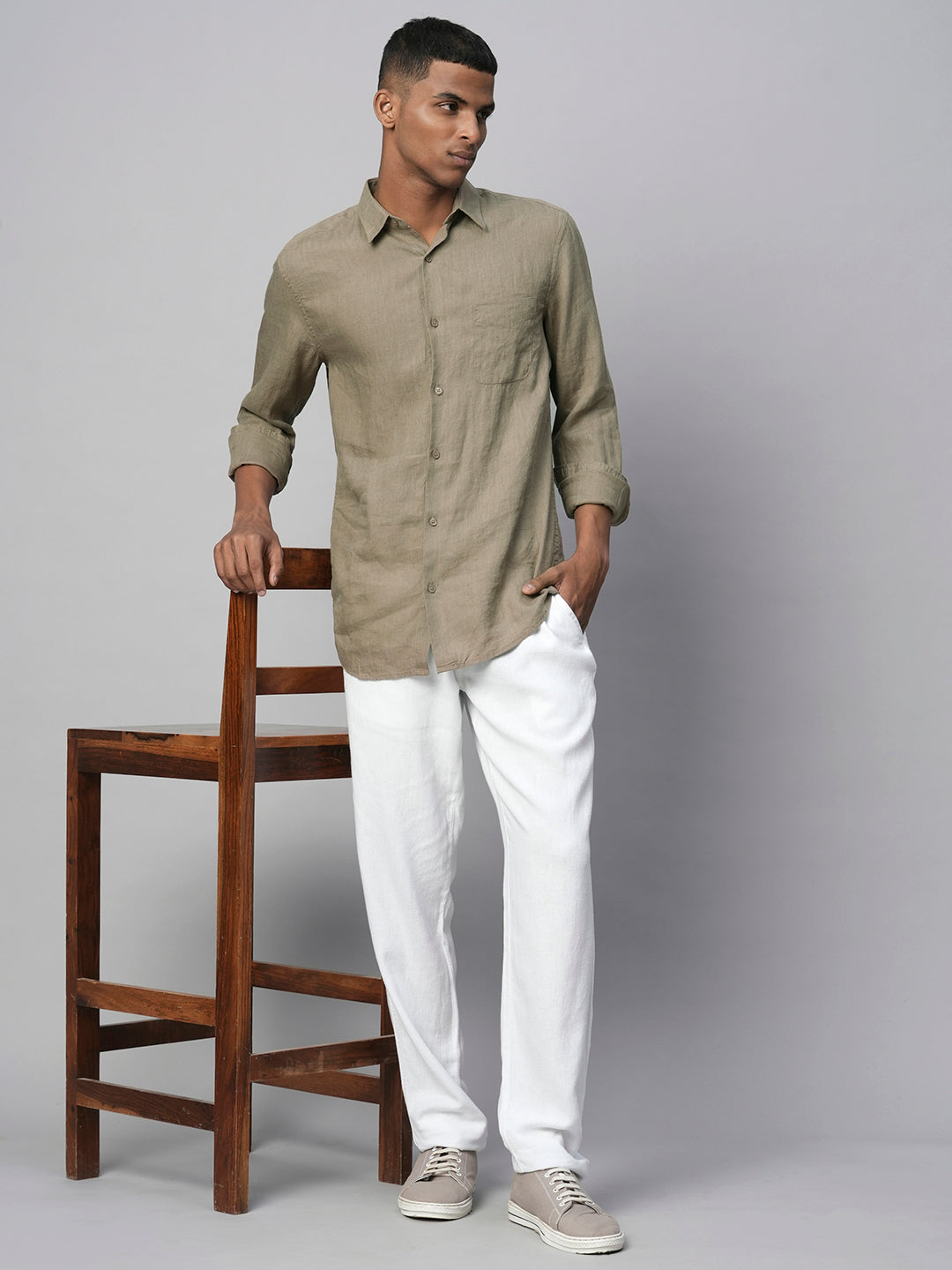 Men's Brown 100% Linen Regular Fit Long Sleeved Shirt