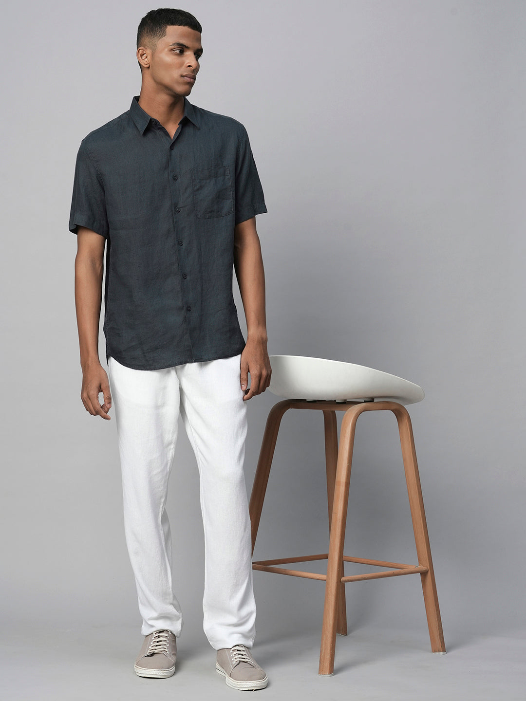 Men's Navy 100% Linen Regular Fit Short Sleeved Shirt