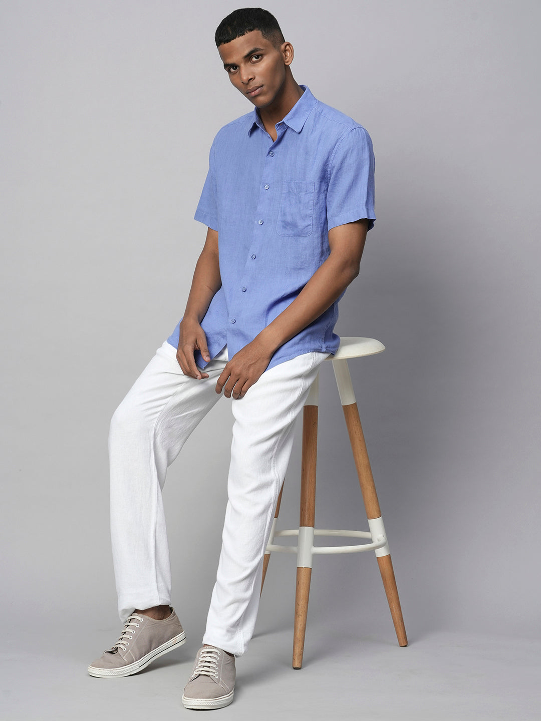 Men's Blue 100% Linen Regular Fit Short Sleeved Shirt