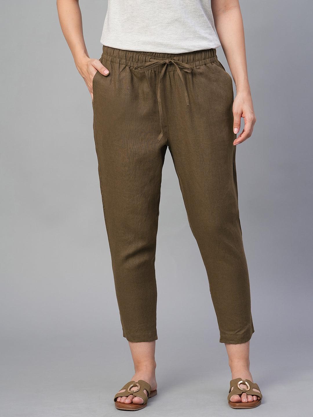 Women's Brown 100% Linen Slim Fit Pant
