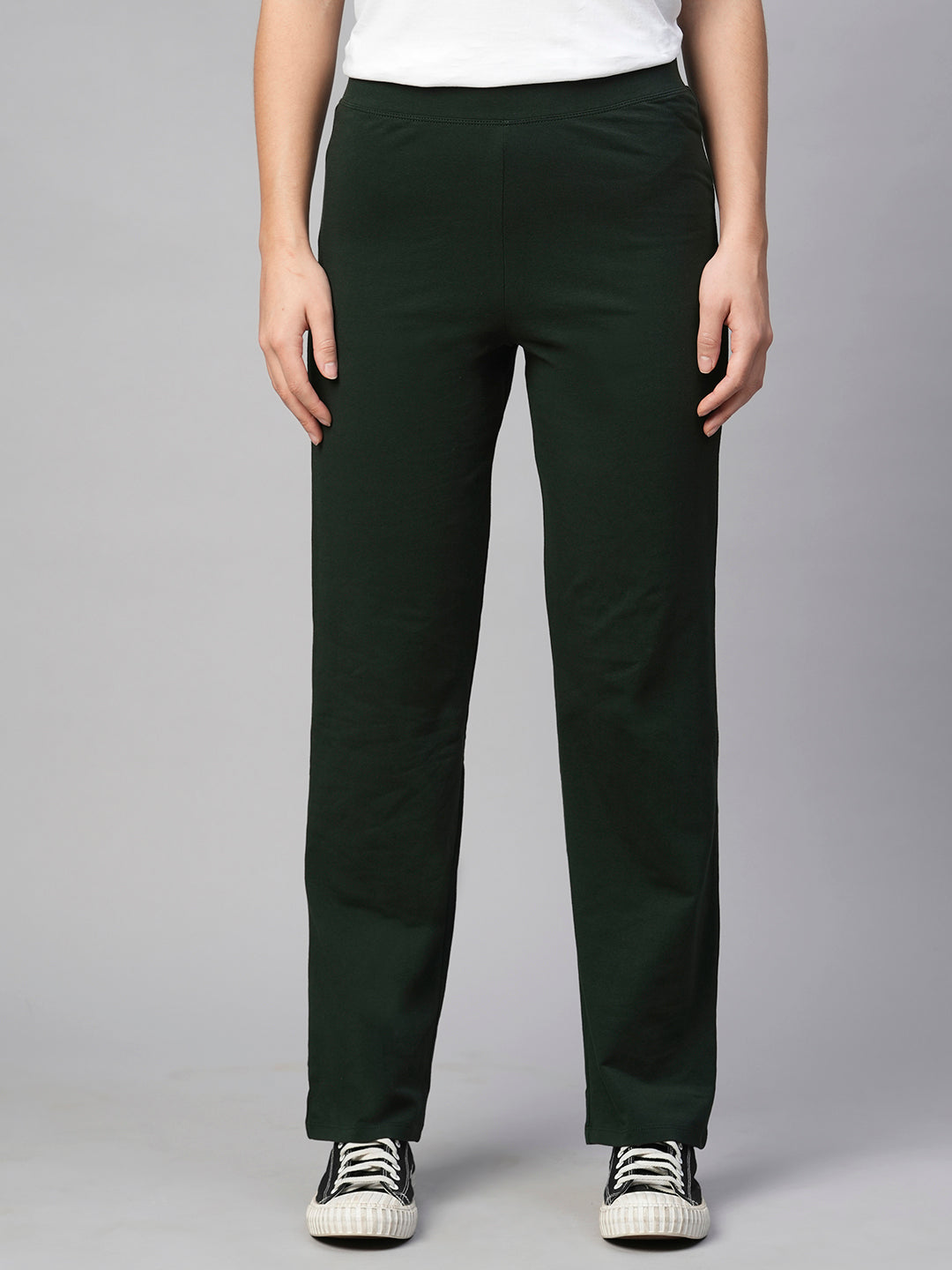 Women's Green Cotton Elastane Regular Fit Knit Pant
