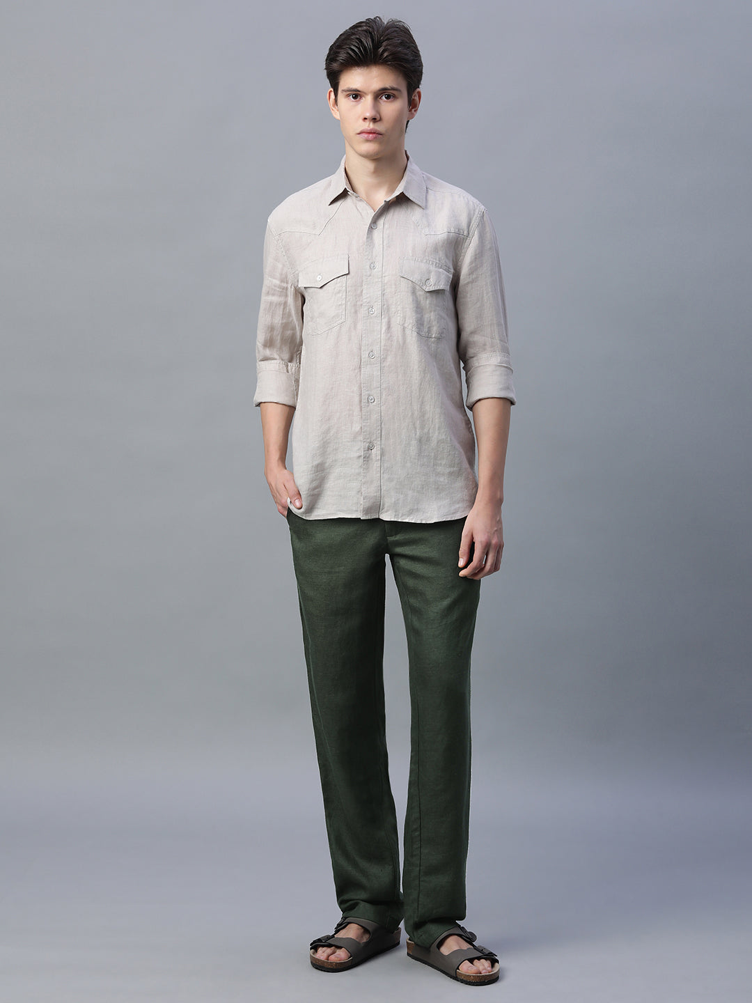 Men's Green Linen Excel Regular Fit Pant