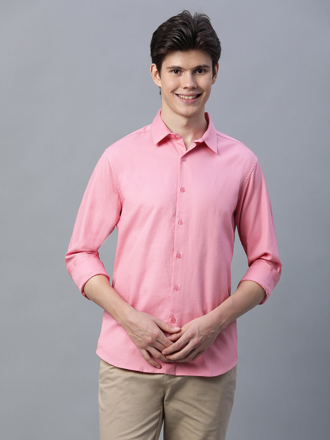 Men's Pink 100% Cotton Slim Fit Shirt - Main Image