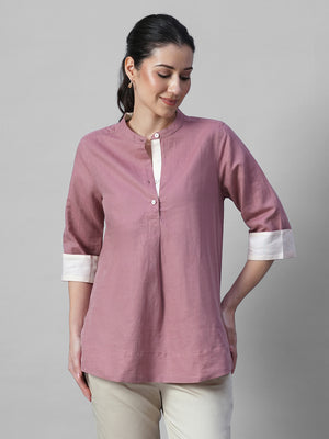 Women’s Linen Cotton Regular Fit Blouse Band Neck Peach