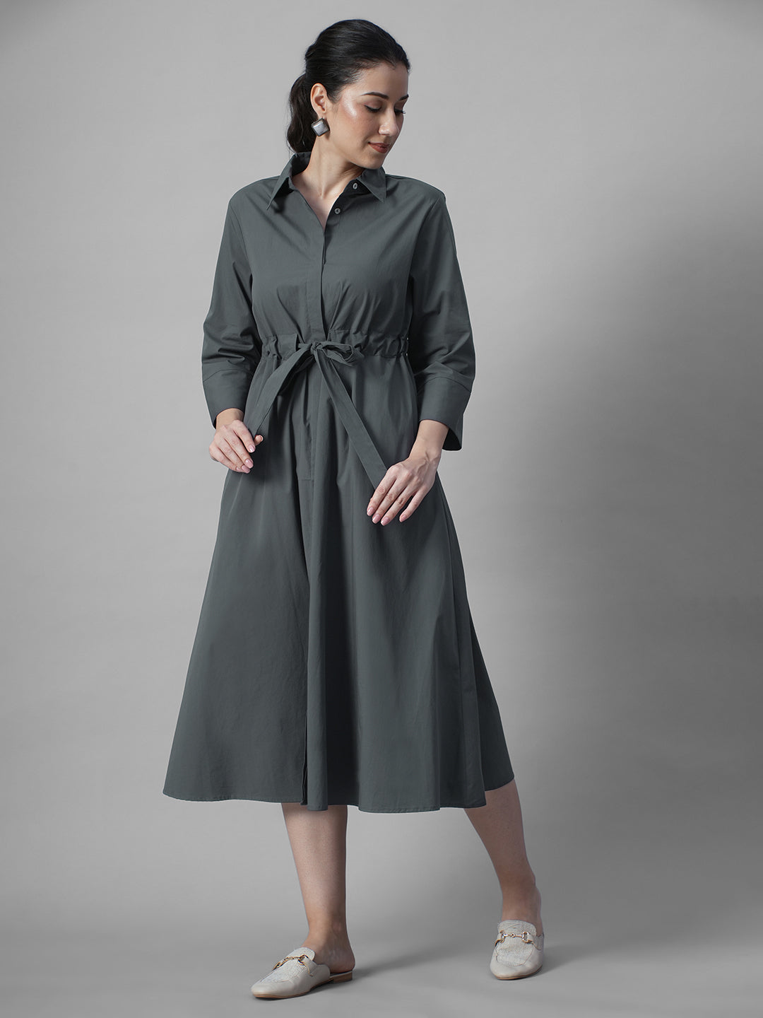Women's Grey Cotton Lycra Regular Fit Dress