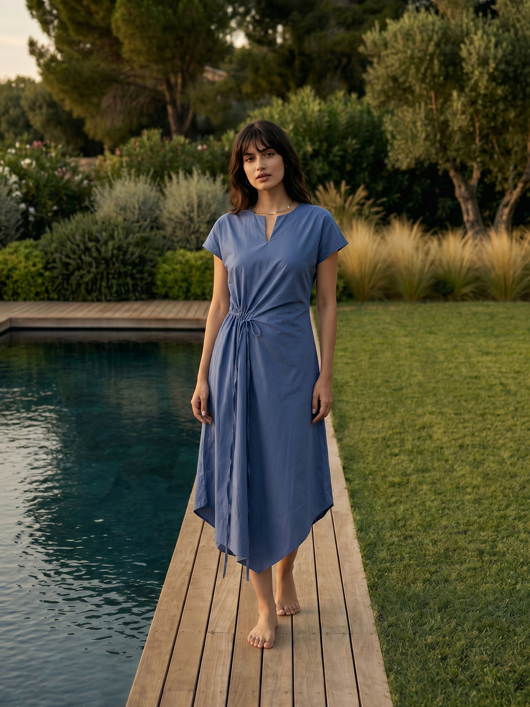 Women's Blue Cotton Lycra Regular Fit Dress – Cottonworld