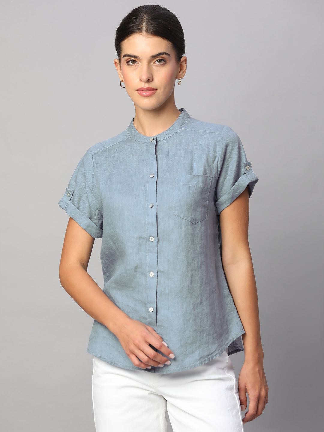 Women's Blue 100% Linen Regular Fit Blouse