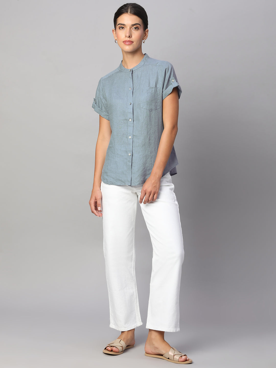 Women's Blue 100% Linen Regular Fit Blouse