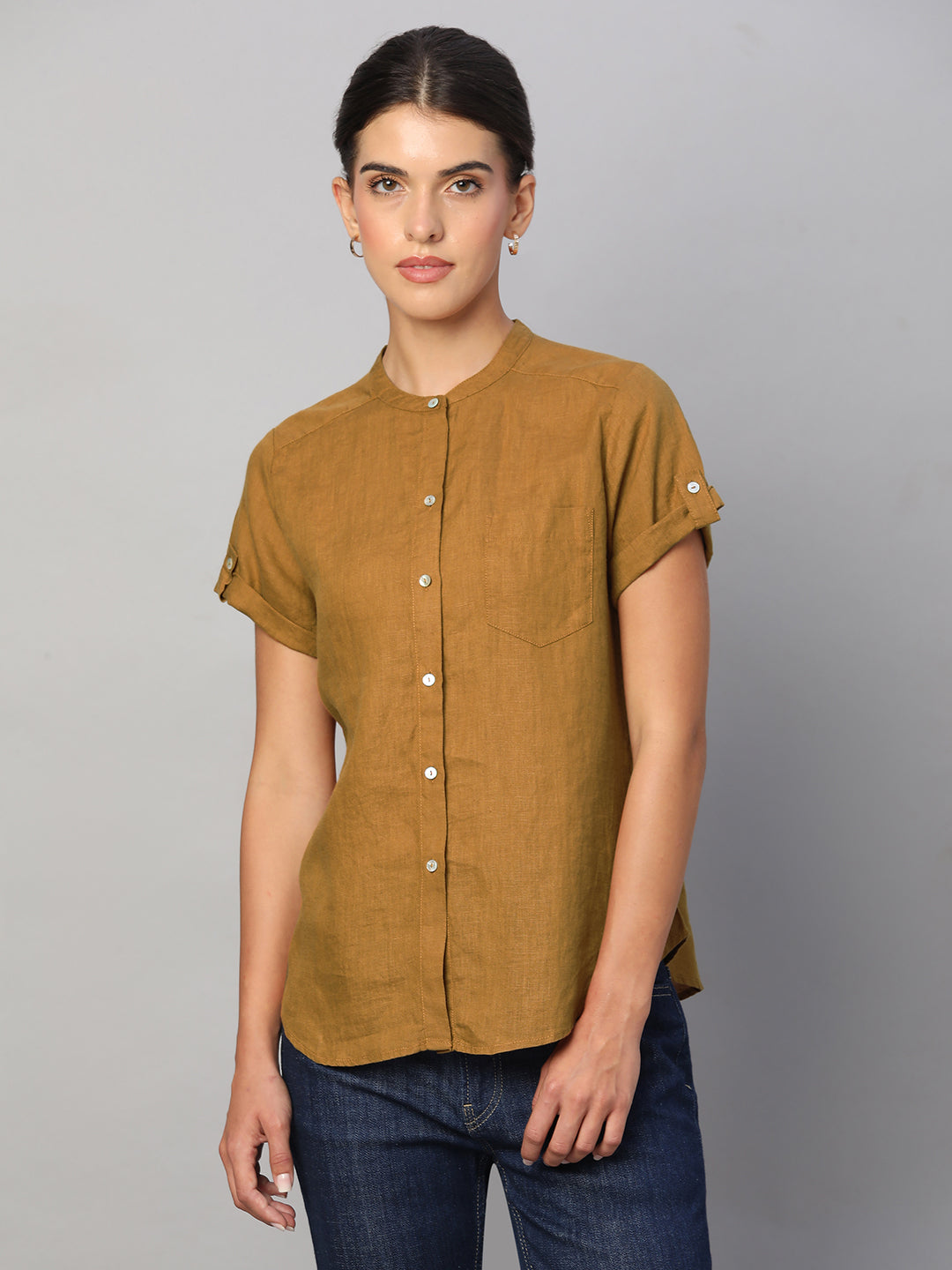 Women's Mustard 100% Linen Regular Fit Blouse