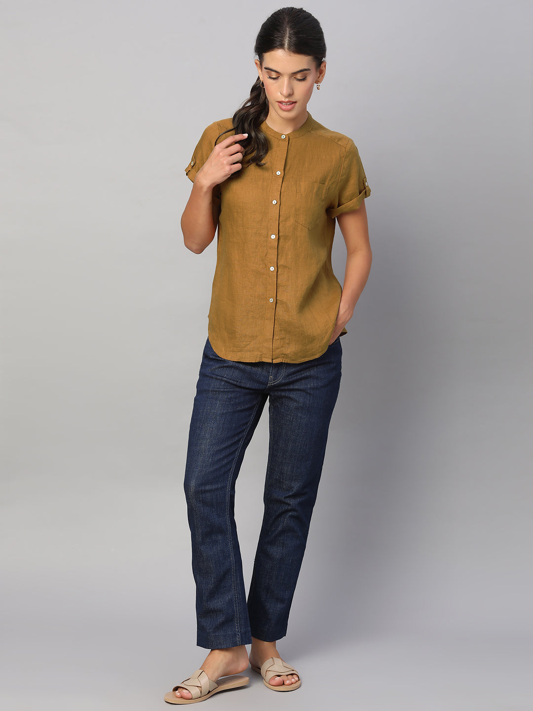 Women's Mustard 100% Linen Regular Fit Blouse