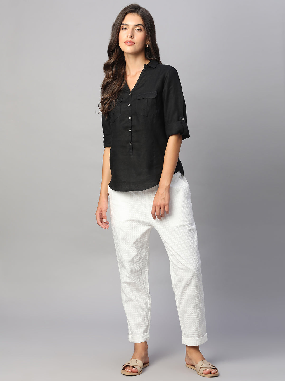 Women's Black 100% Linen Regular Fit Blouse