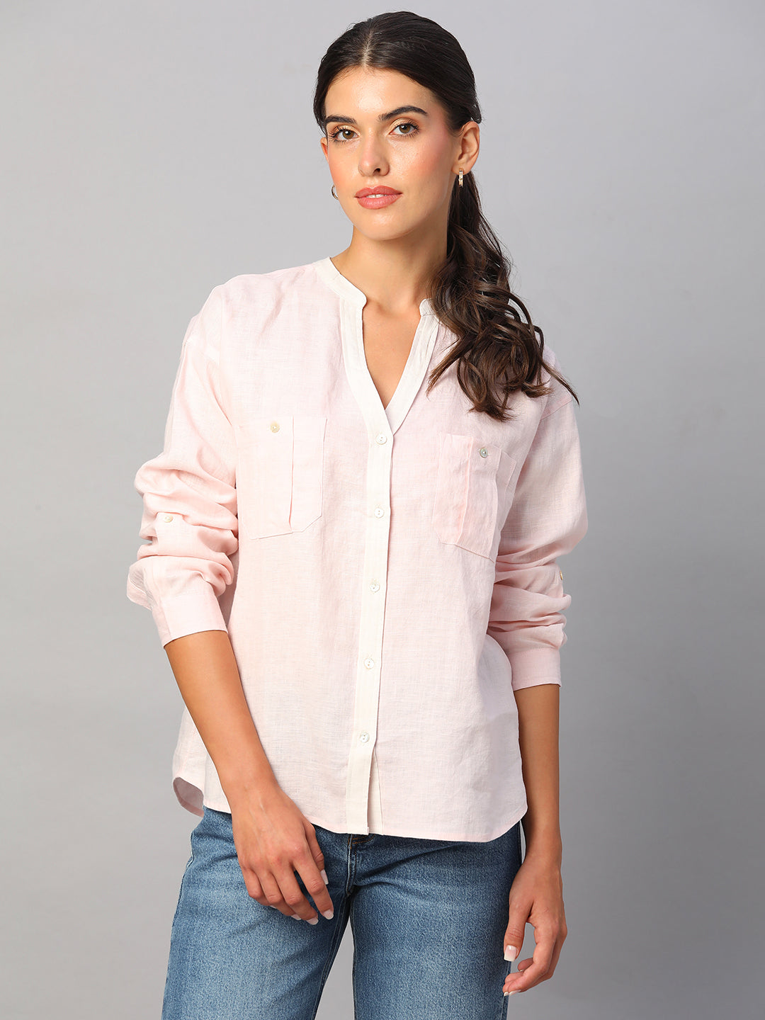 Women's Pink 100% Linen Regular Fit Blouse