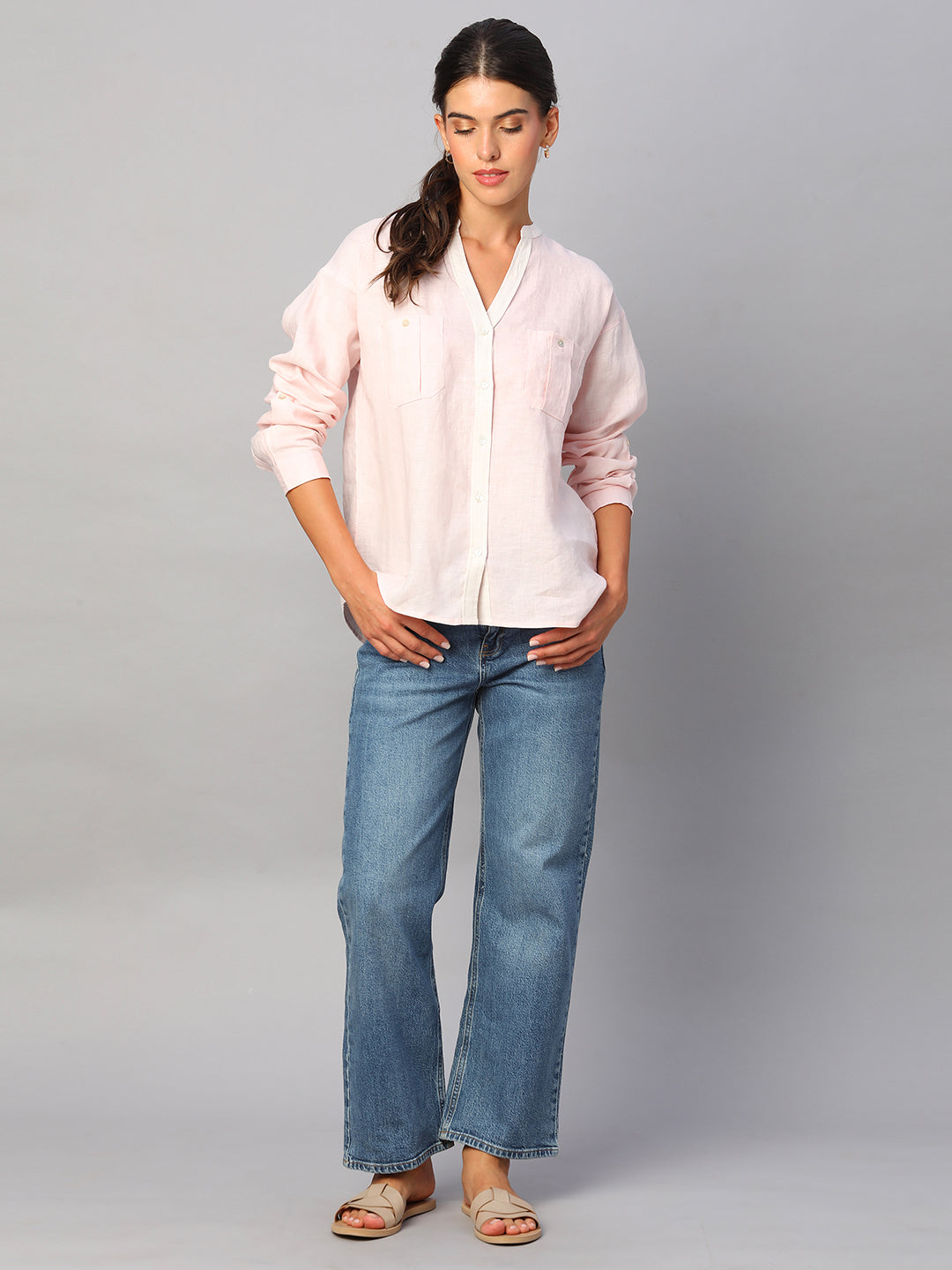 Women's Pink 100% Linen Regular Fit Blouse