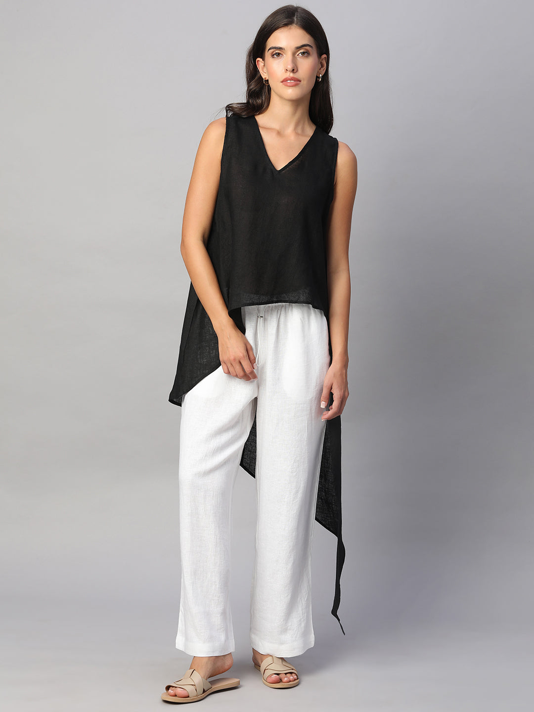 Women's Black 100% Linen Regular Fit Blouse