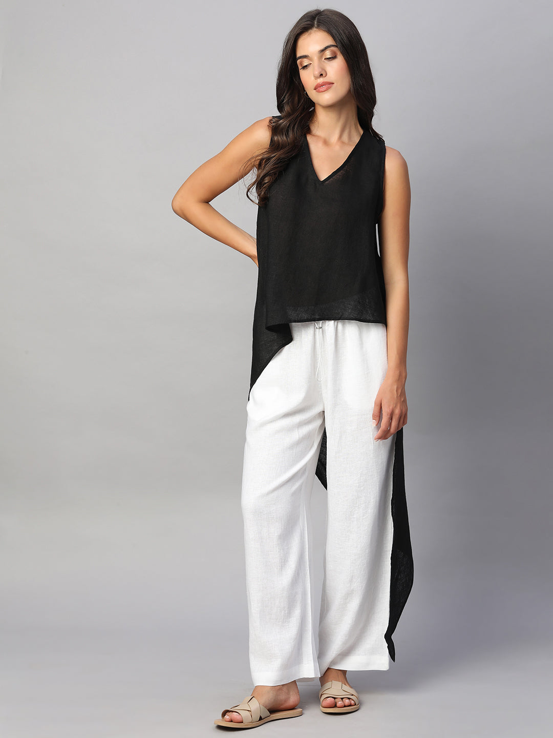 Women's Black 100% Linen Regular Fit Blouse