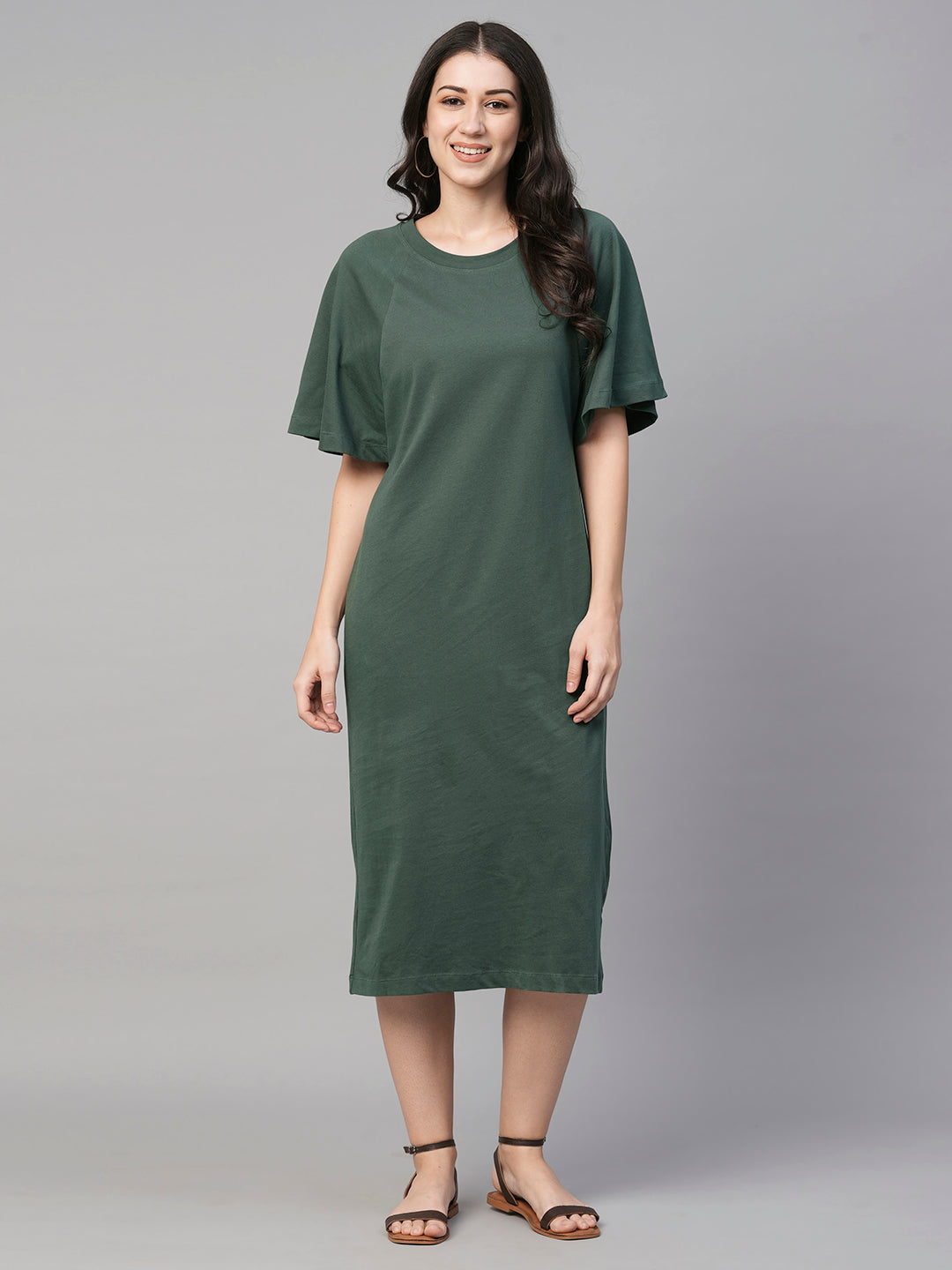 Women's Green Cotton Loose Fit Knit Dress