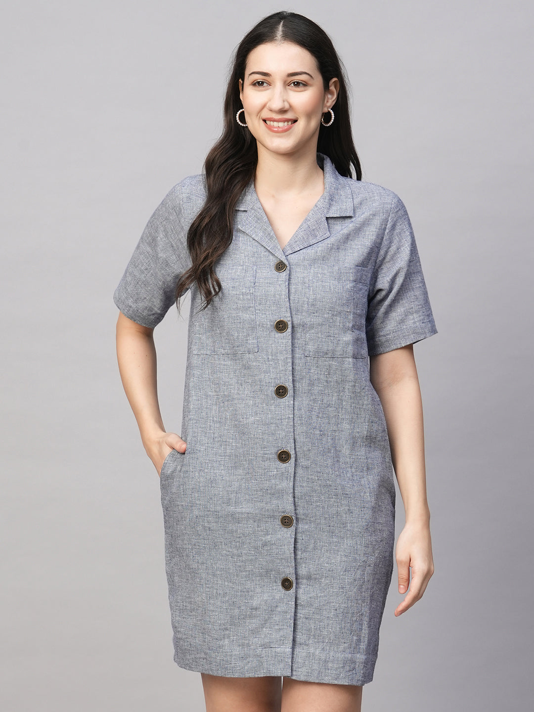 Women's Navy Cotton Linen Regular Fit Dress