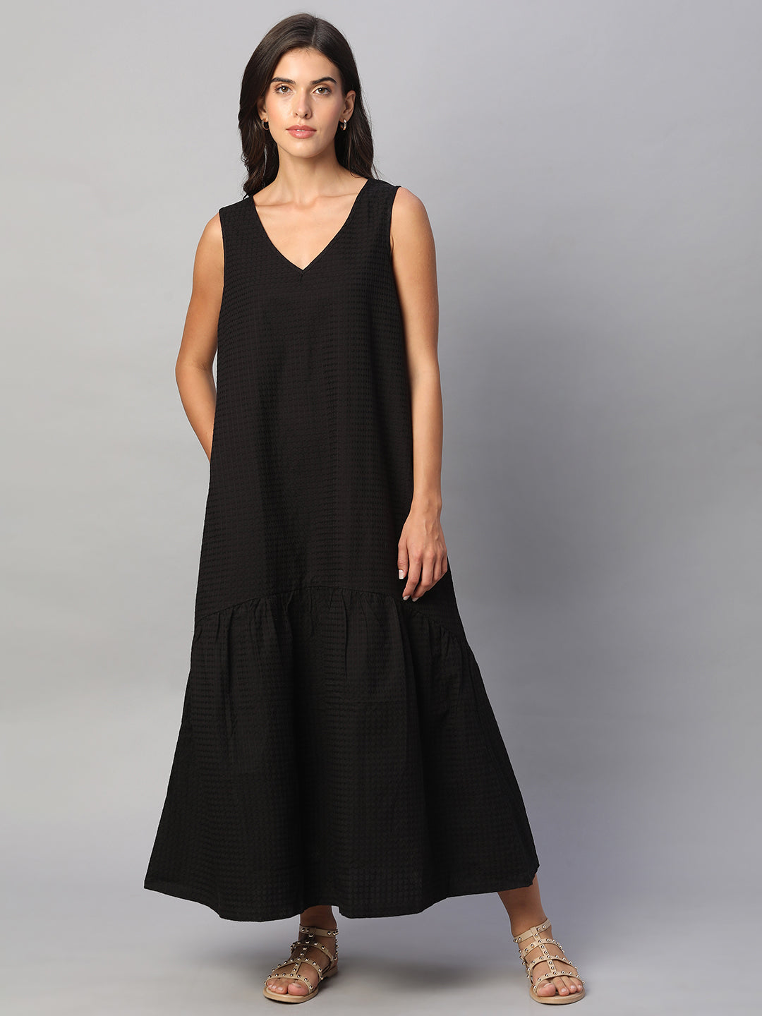 Women's Black 100% Cotton Regular Fit Dress