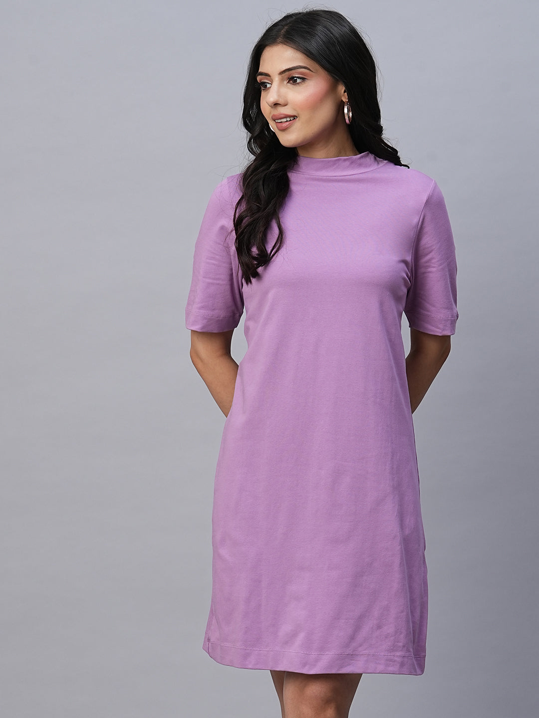 Women's Lavender Cotton Elastane Regular Fit Knit Dress