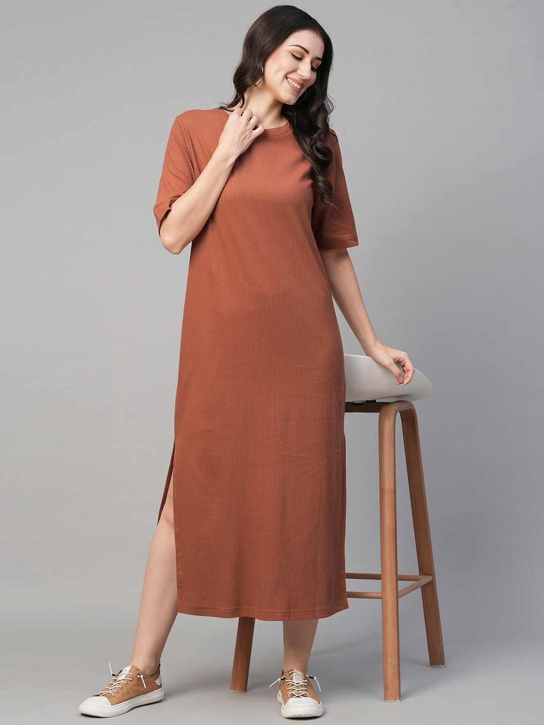 Women's Rust Cotton Elastane Regular Fit Knit Dress