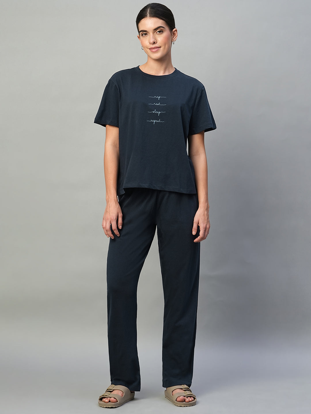 Women's Blue 100% Cotton Regular Fit Knit Tshirt-Pyjama Set