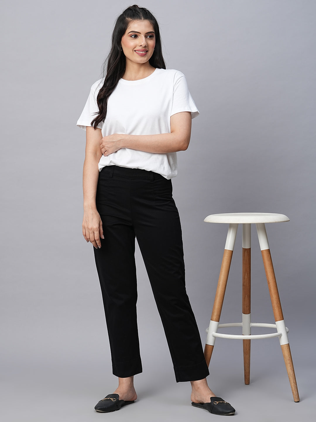 Shop Black Solid Regular Fit Cotton Trousers For Women