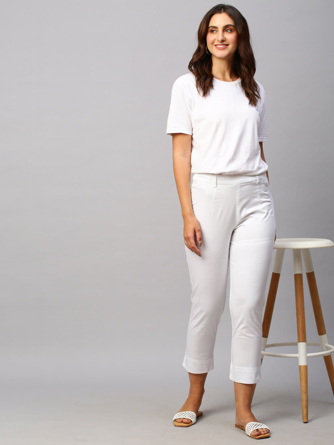 Buy STOP White Solid Straight Fit Cotton Lycra Women's All