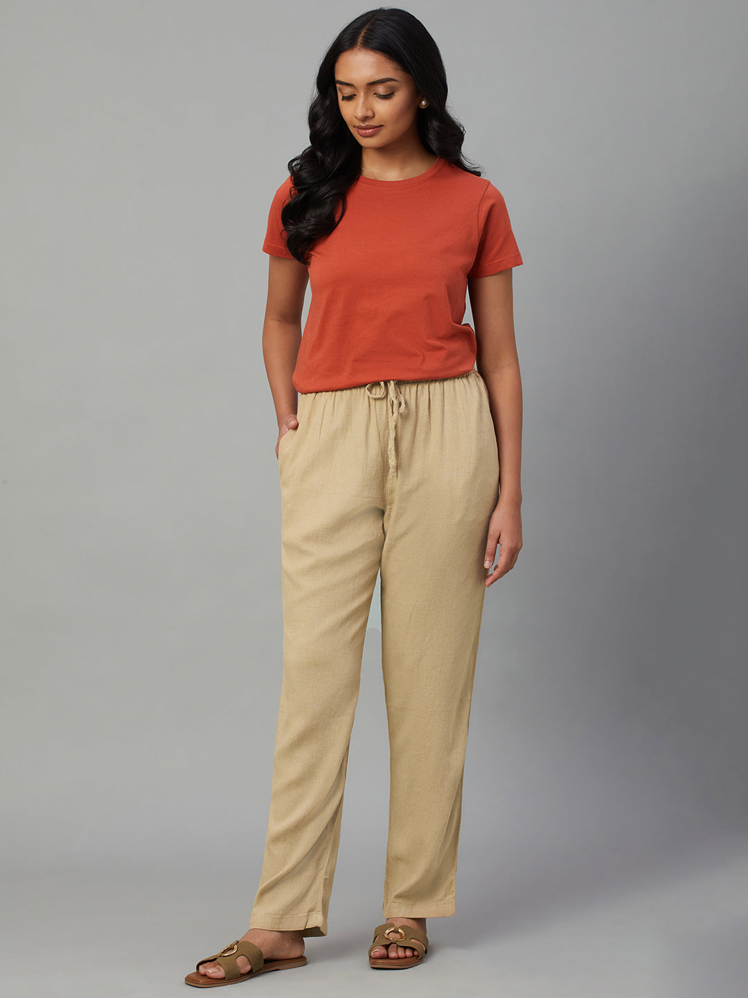 Women's Khaki Linen Viscose Regular Fit Pant