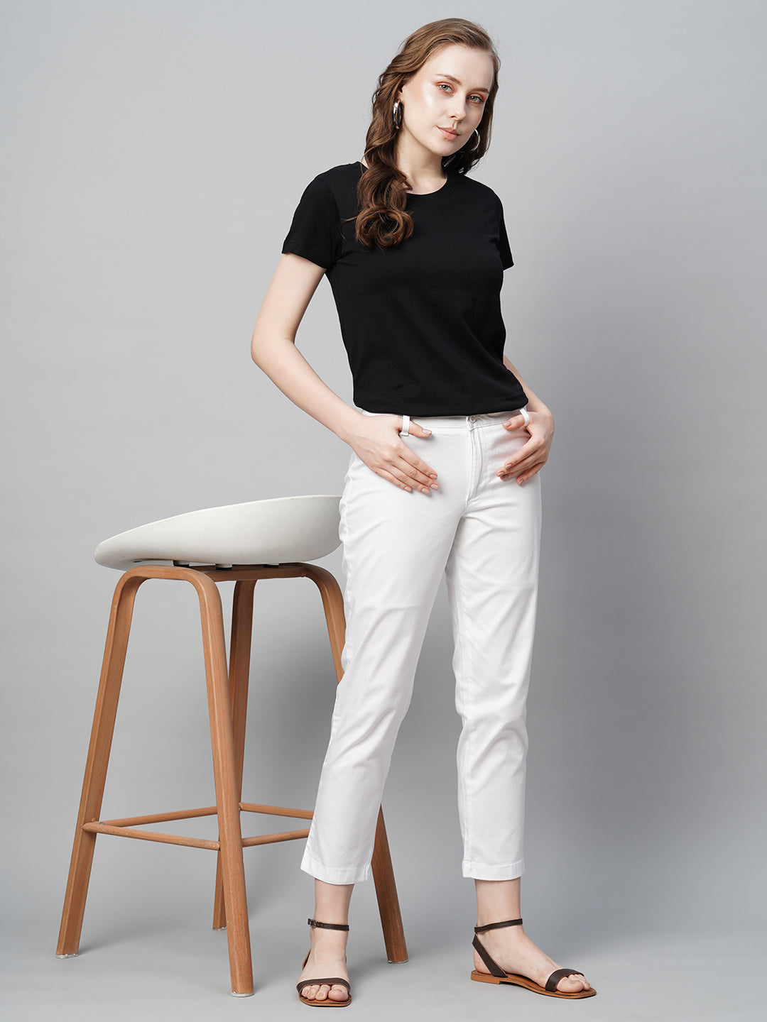 White Cotton Trouser For Women, Solid Regular Fit