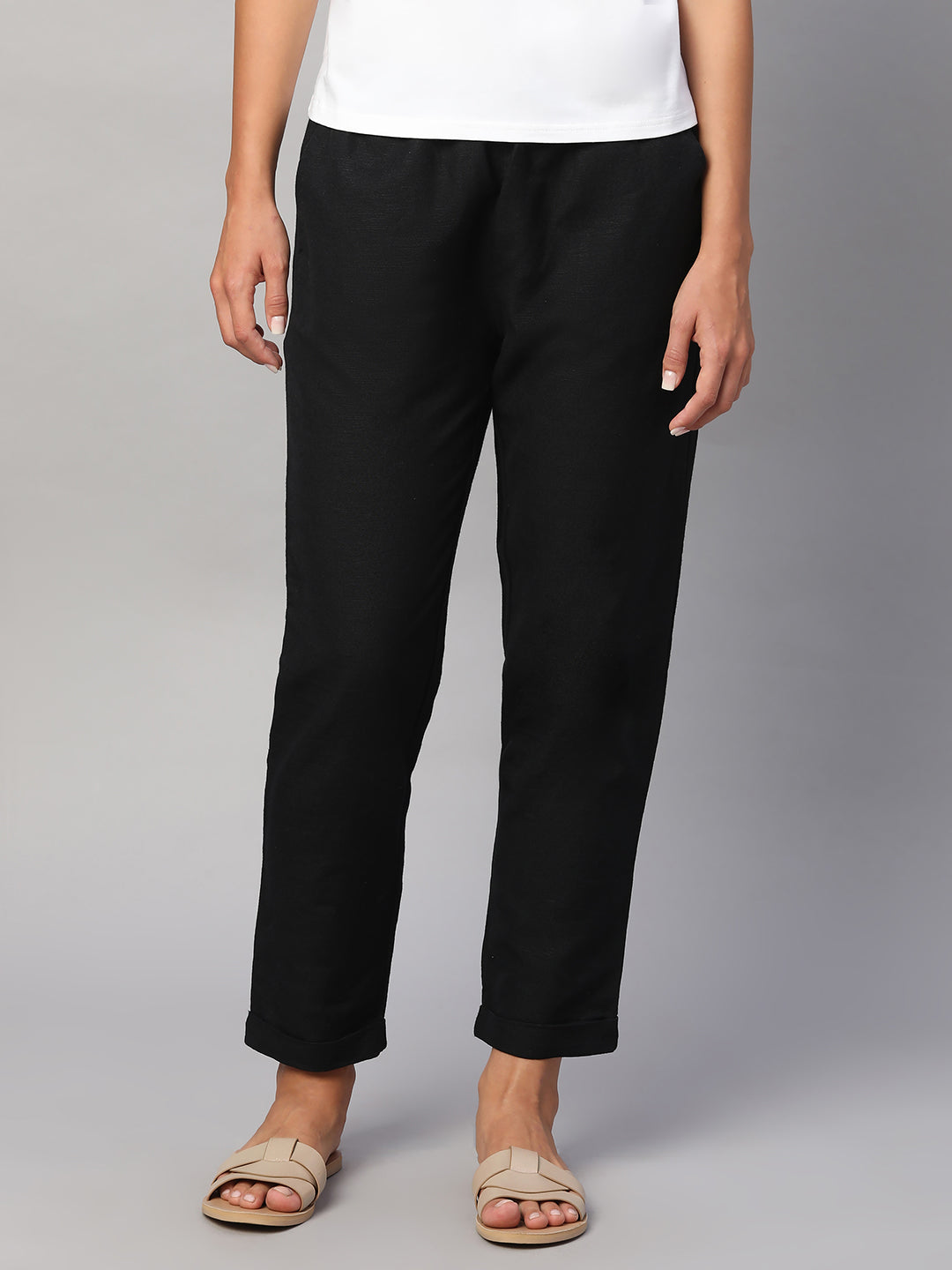Women's Black Linen Cotton Regular Fit Pant