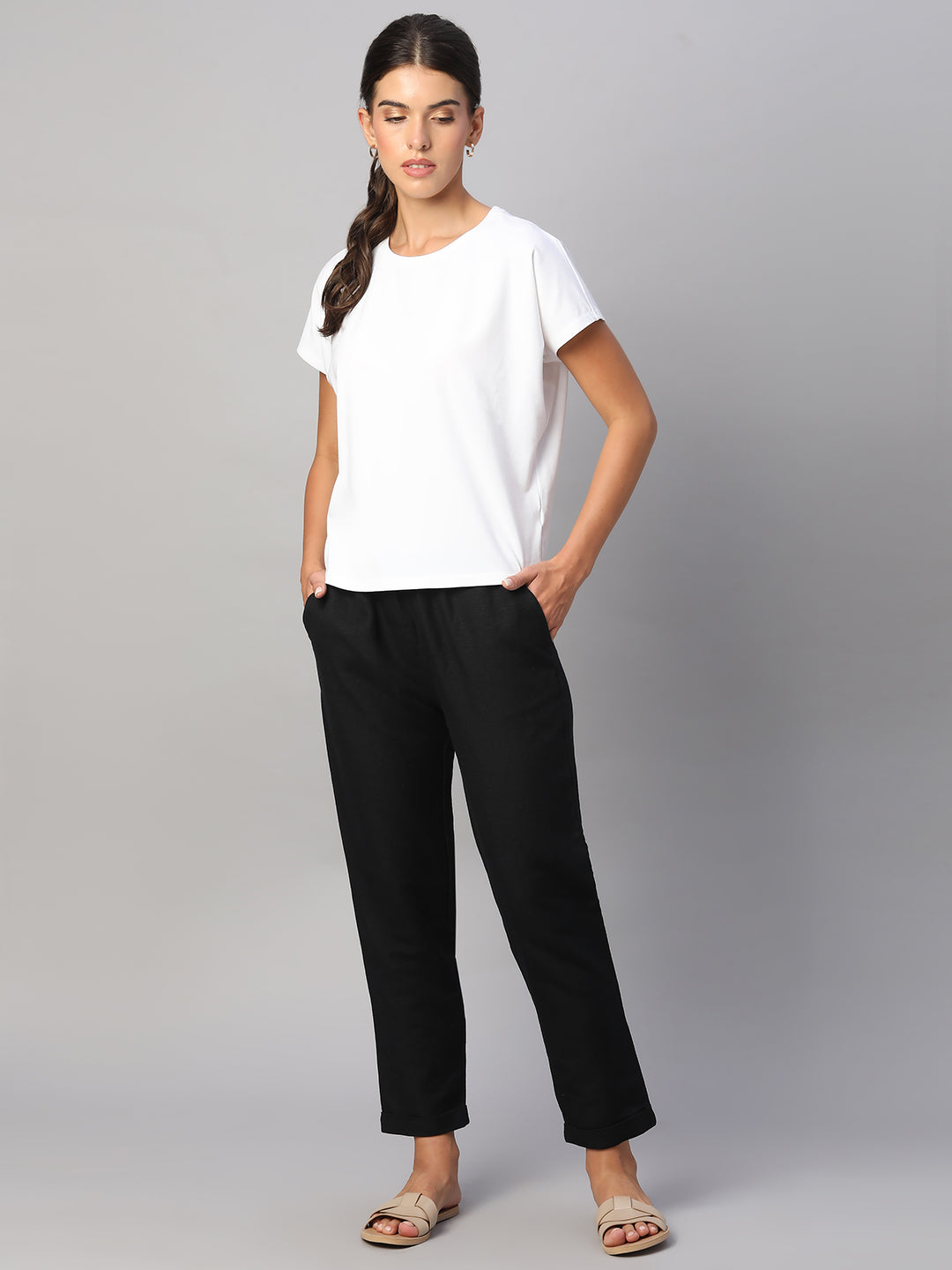 Women's Black Linen Cotton Regular Fit Pant