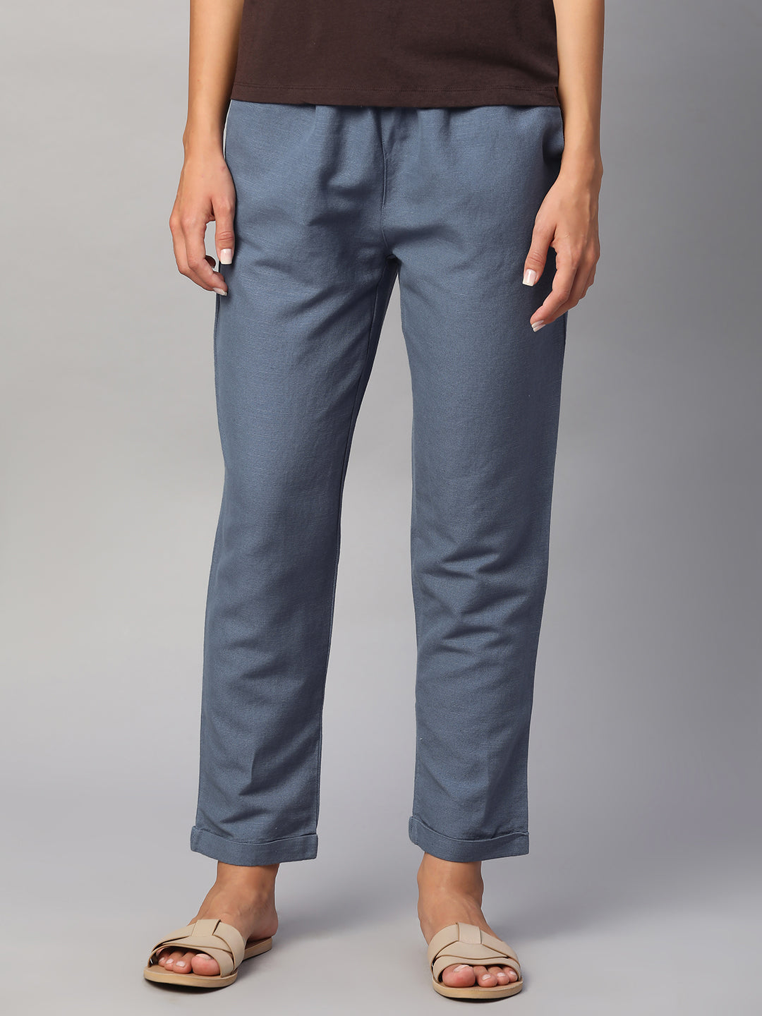 Women's Blue Linen Cotton Regular Fit Pant
