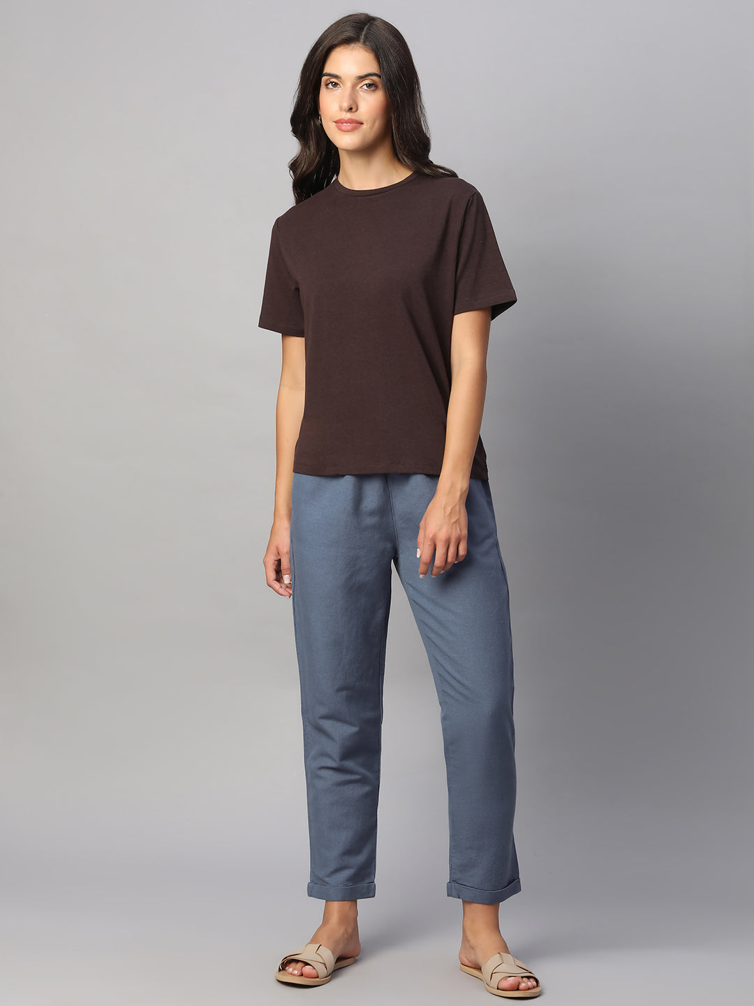 Women's Blue Linen Cotton Regular Fit Pant