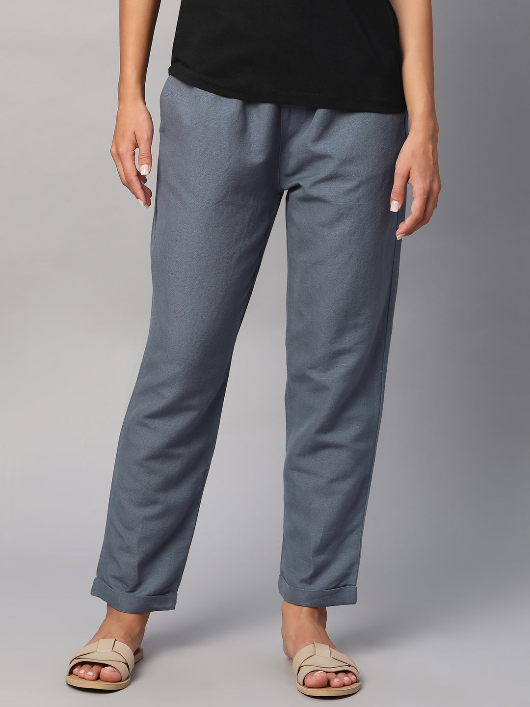 Women's Grey Linen Cotton Regular Fit Pant