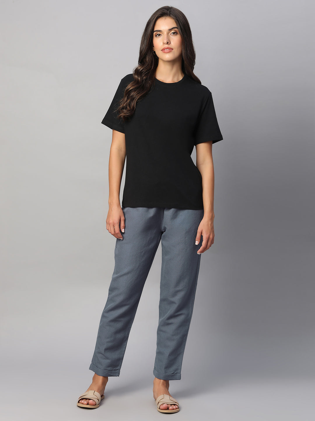 Women's Grey Linen Cotton Regular Fit Pant