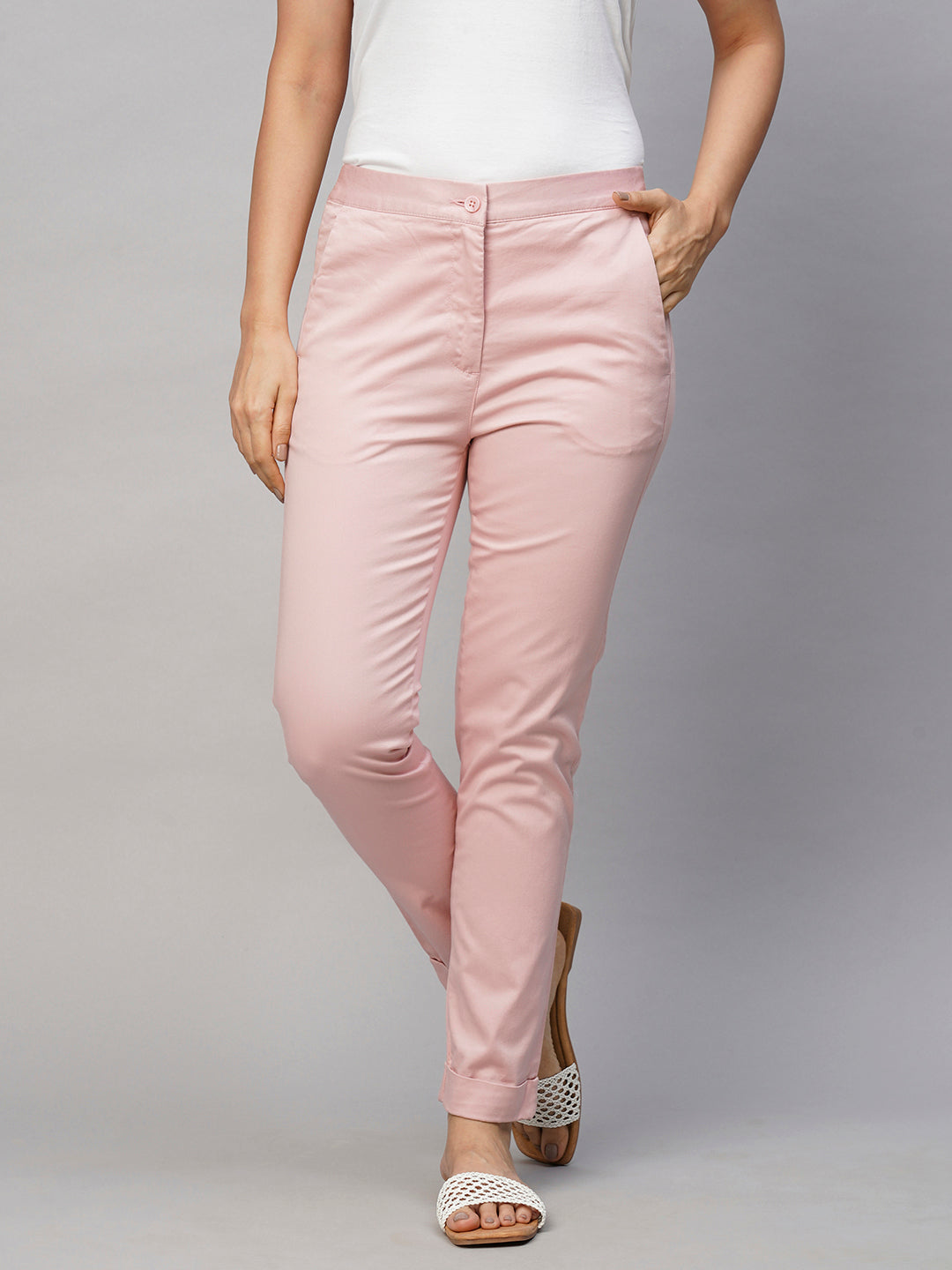 Women's Pink Cotton Lycra Slim Fit Pant