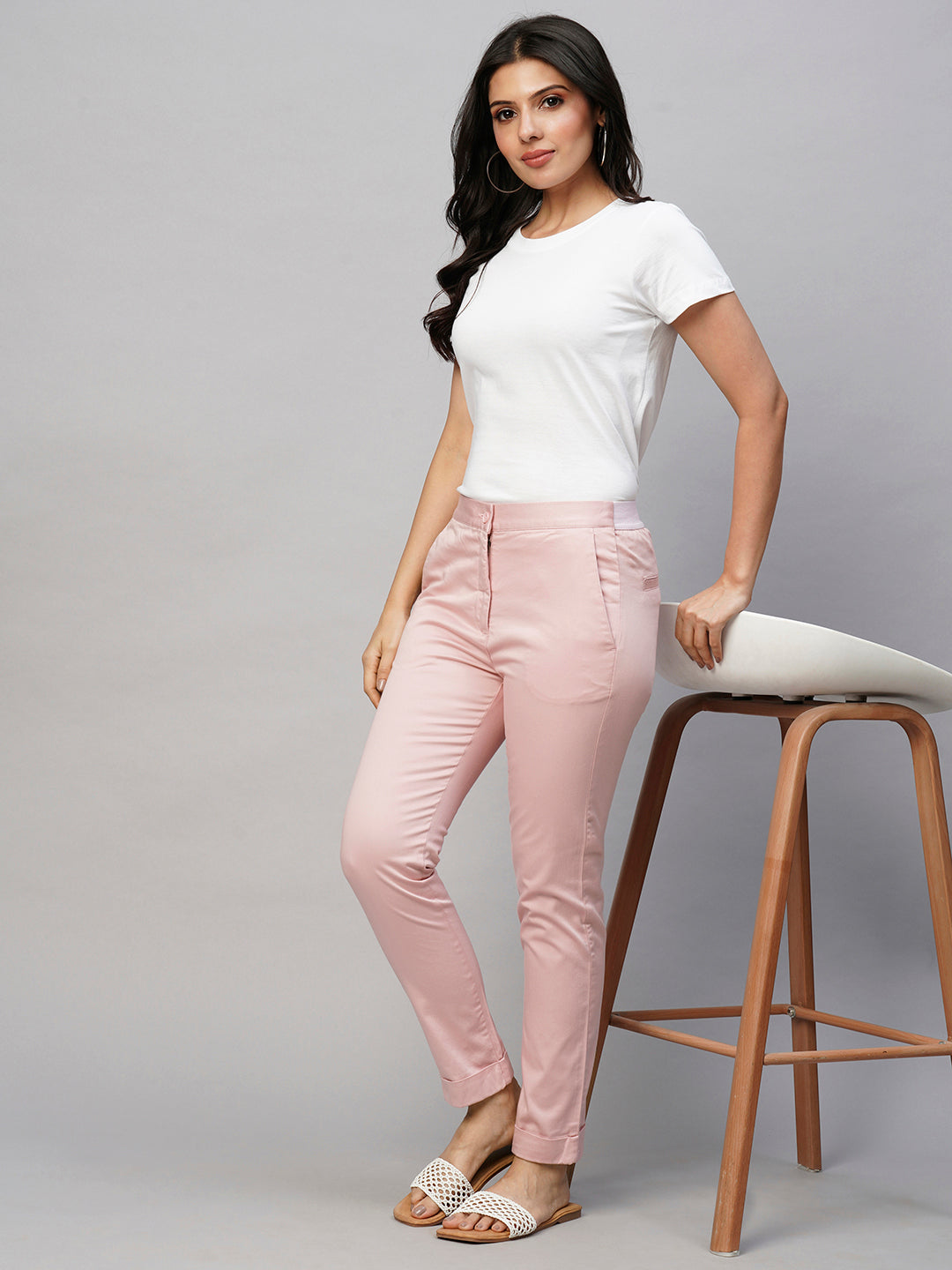 Women's Pink Cotton Lycra Slim Fit Pant
