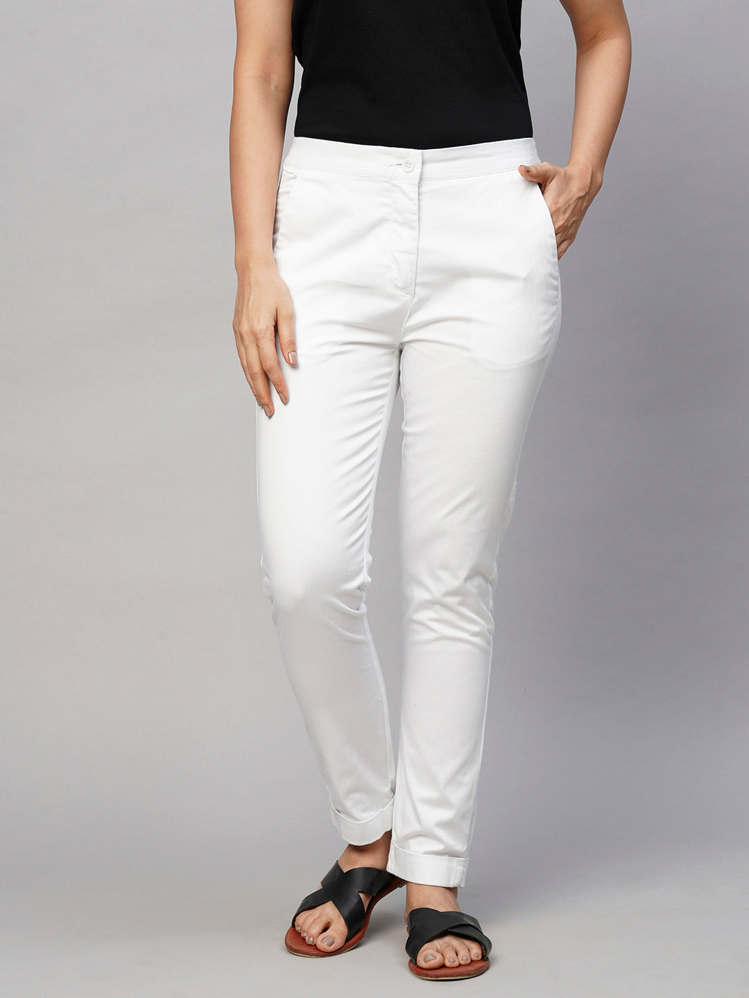 Women's White Cotton Lycra Slim Fit Pant