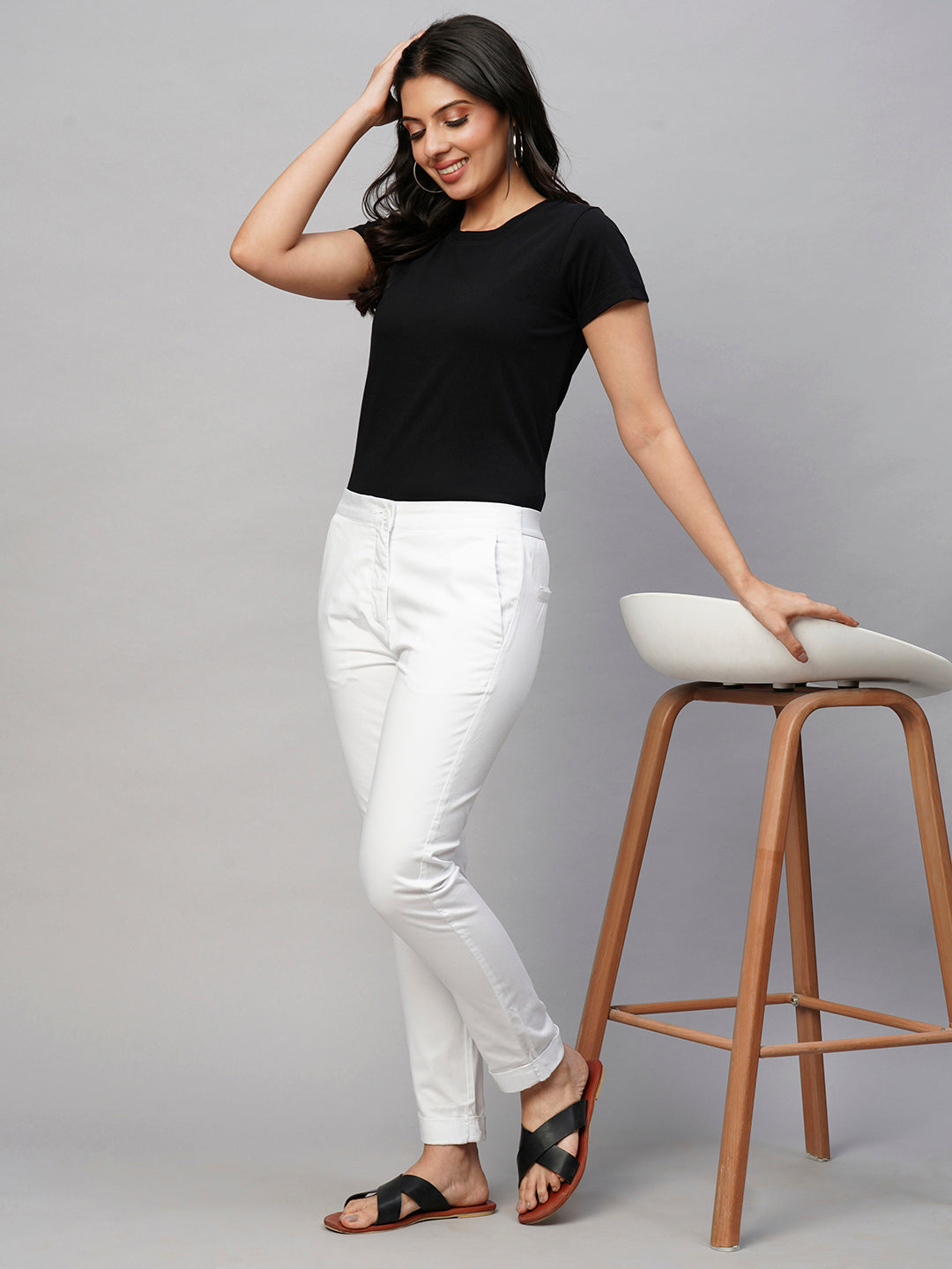 Women's White Cotton Lycra Slim Fit Pant