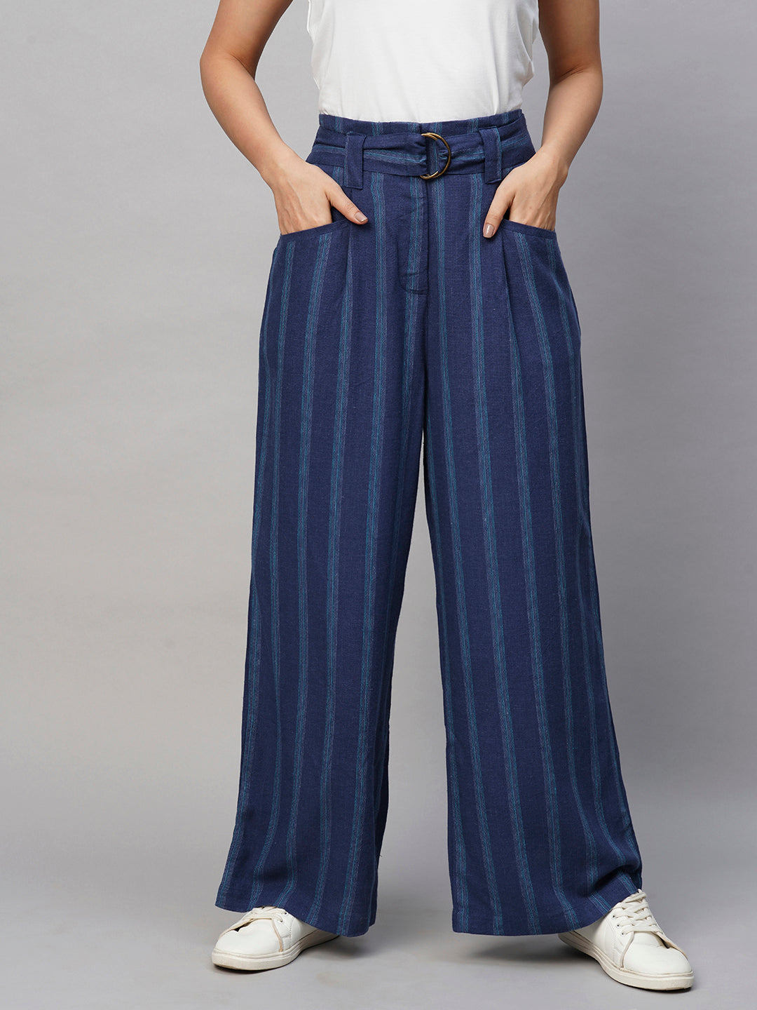 Women's Blue Viscose Linen Straight Fit Pant